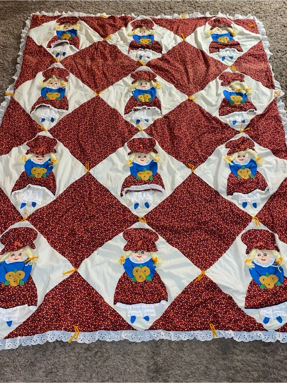 Handmade Red and Cream Patchwork Doll Quilt - Charming Cottage Style
